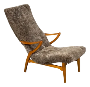 Jio Möbler, Chaise Lounge, Gray Shearling, Elm, Sweden, 1960s