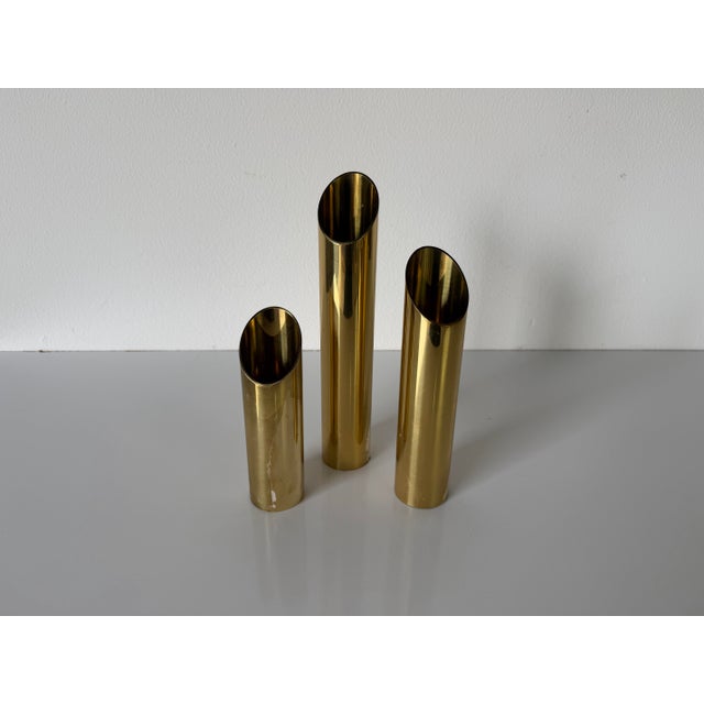 Mid Century Modern Danish Brass Cylinder Candle Holders – Set of 3 For Sale - Image 10 of 10