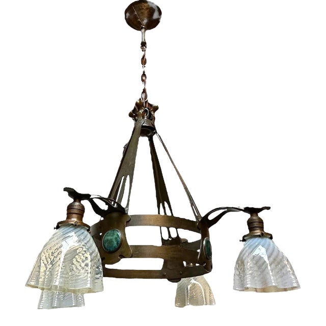 Rare Antique Bronze Art Nouveau Chandelier Light Fixture With Turquoise Painted Stones and Phoenix Blue Swirl Art Glass Shades For Sale