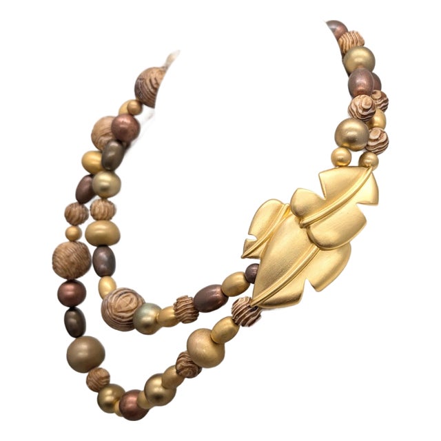 Vintage 1980s Signed Givenchy Goldtone Beaded Leaf Necklace For Sale