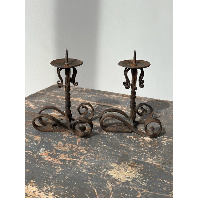 Vintage Wrought Iron Scrolling Candleholders, a Pair, Circa Mid-20th Century For Sale - Image 17 of 18