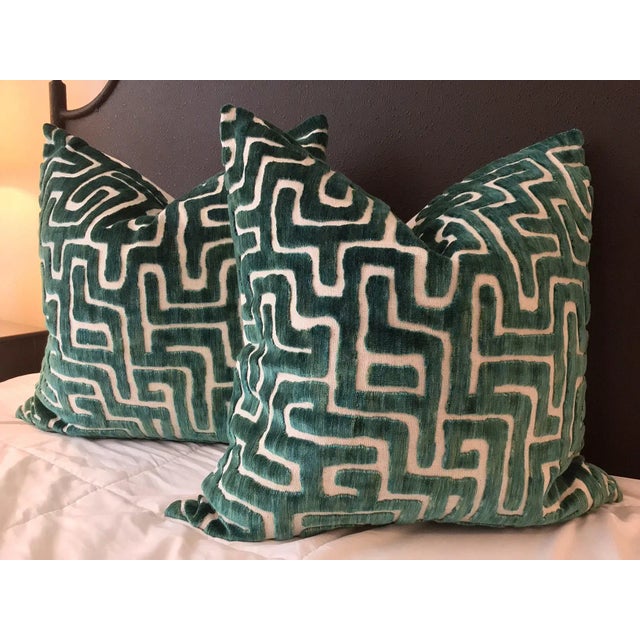 “Adina” in Emerald Green Geometric Print Pillows- a Pair For Sale - Image 4 of 4