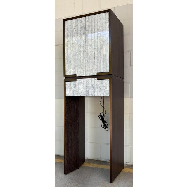 Original retail $7001, stylish Jonathan Charles Modern Eggshell Gaia Bar Cabinet, chocolate apricot singles oak wood, gray...