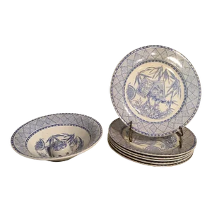 Mid 19th Century Aesthetic Blue & White Transfer Ware Dinner Plates & Berry Bowl Set- 7 Pieces