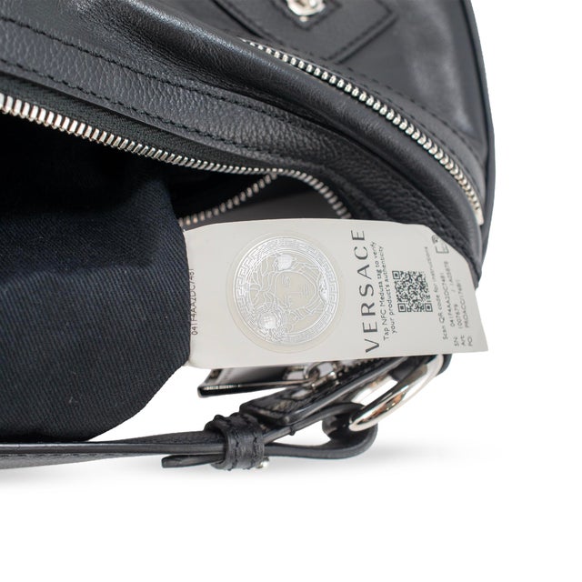 Versace Repeat Hobo Medium Black Leather Silver Hardware Shoulder Bag For Sale - Image 14 of 16