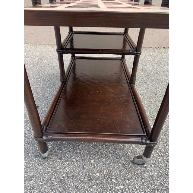 Wood 1950s Brown Lacquer Rattan Bar Cart Attributed to John Wisner for Ficks Reed. For Sale - Image 7 of 13