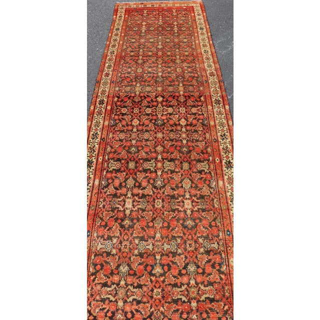 Terra Cotta Antique Early 20th Century Persian Herati Design Malayer Runner 3'4 X 13'1 For Sale - Image 8 of 13