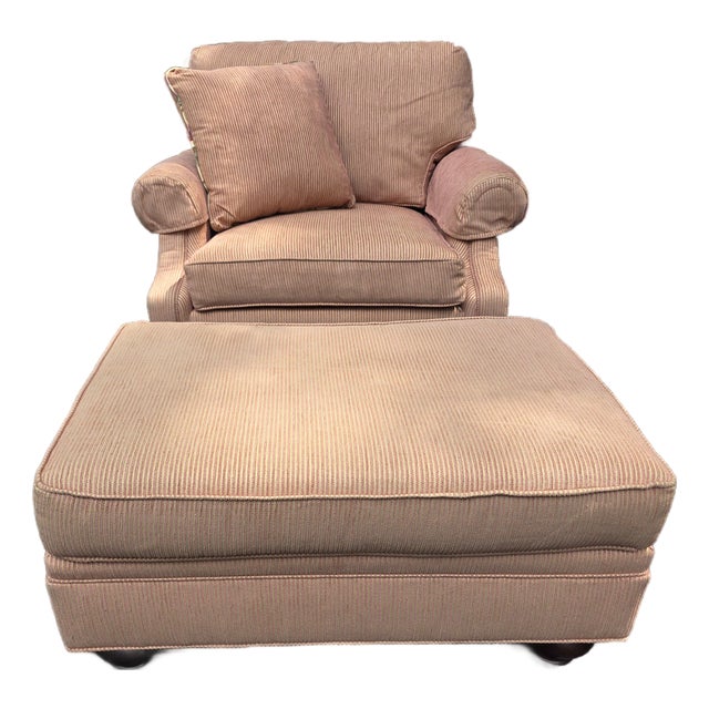 Ethan Allen Transitional Style Fully Upholstered Arm Chair With Matching Ottoman For Sale