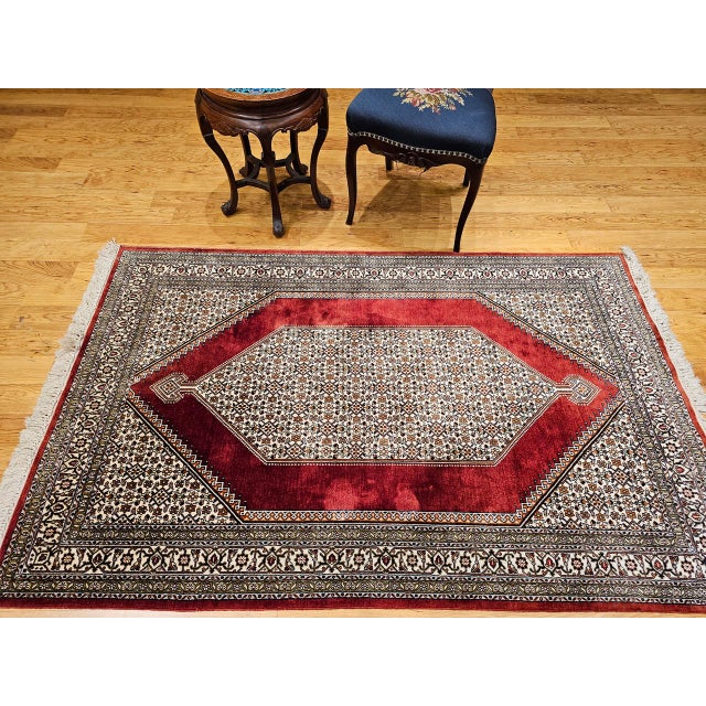 Vintage Persian Qum Area Rug, Hand-Knotted Silk, Herati Medallion Pattern, Ivory & Red, 4x6 For Sale - Image 4 of 16
