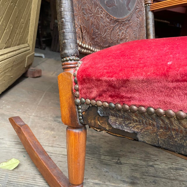 Mid 19th Century Victorian Aesthetic Movement Rocking Chair With Embossed Leather Back and Satyr Finials For Sale - Image 15 of 17