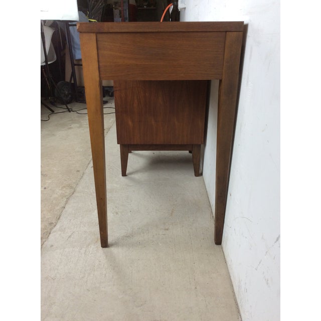 Mid Century Modern Four Drawer Writing Desk With Curved Drawer Fronts and Brass Hardware For Sale - Image 4 of 11