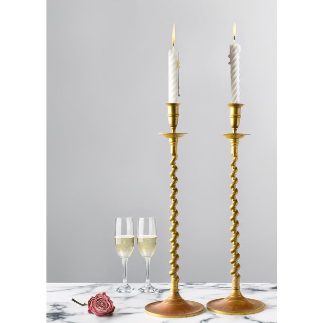 Traditional Oversized 19" Brass Twist Candlesticks For Sale - Image 3 of 4