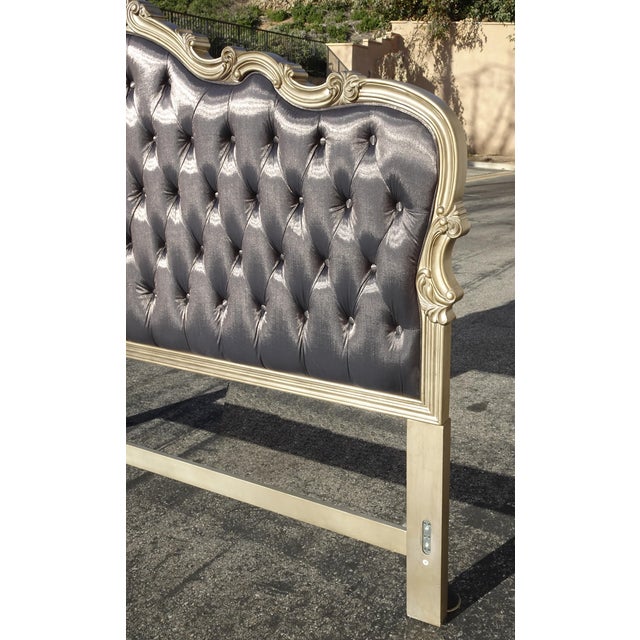 Dark Gray French Provincial Louis XVI Style Metallic Dark Gray Tufted Cal King Headboard For Sale - Image 8 of 17