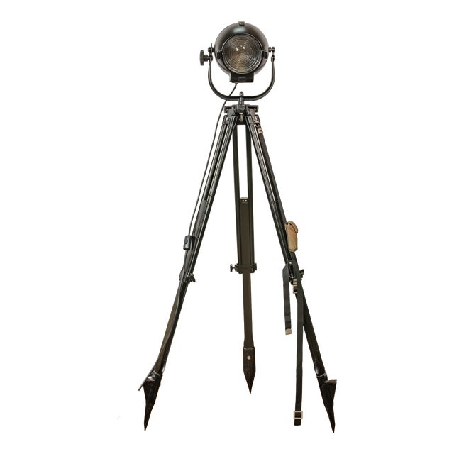 Satin Black Rank Strand Patt 123 Theater Spotlight Floor Lamp with Black Wooden Tripod, 1960s For Sale