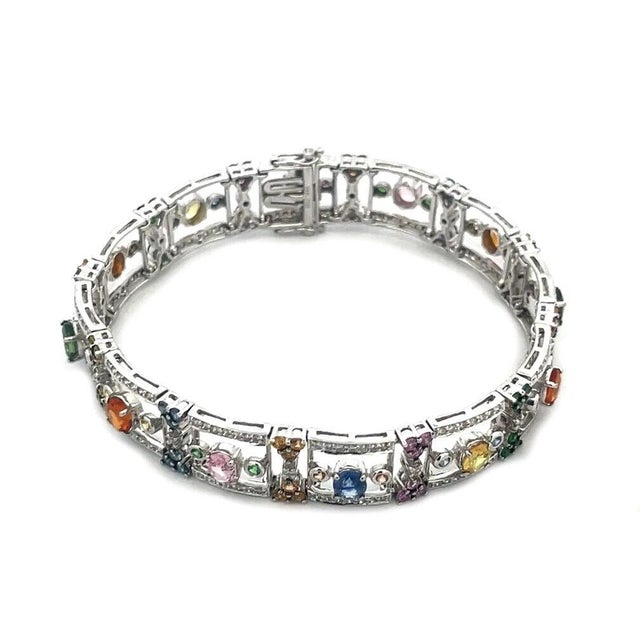 Sapphire Diamond Gold Bracelet 1ct 18k White Multicolor Open Wide Links For Sale - Image 4 of 6
