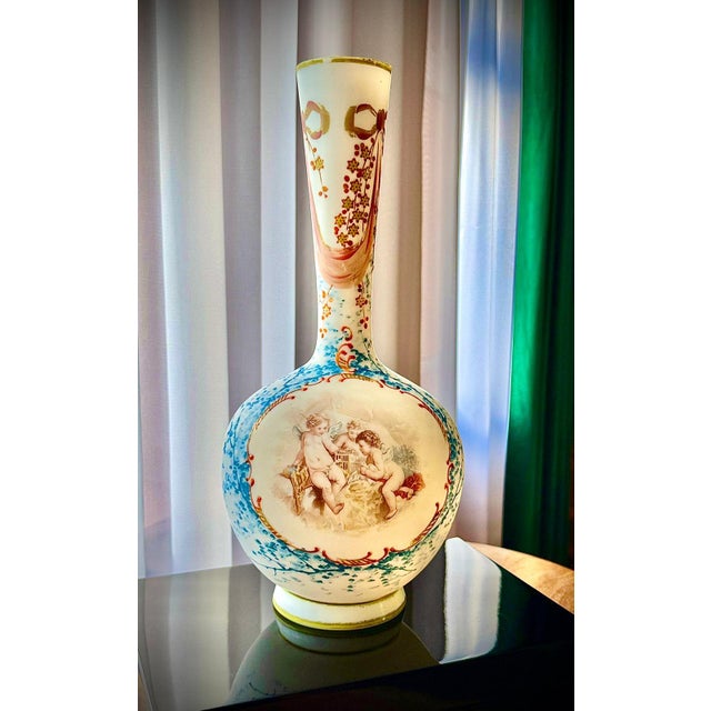 French Opaline Glass Vases with Hand-Painted Cherubs, 19th Century, Set of 2 For Sale - Image 10 of 17