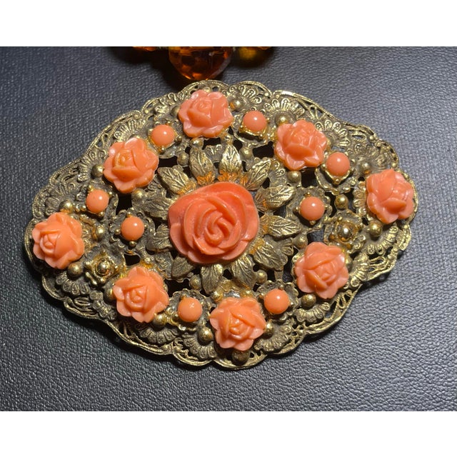 1930s Art Deco Bohemian Amber Faceted Glass Bead Necklace & Faux Coral Brass Filigree Brooch, 2 Pieces For Sale - Image 9 of 10