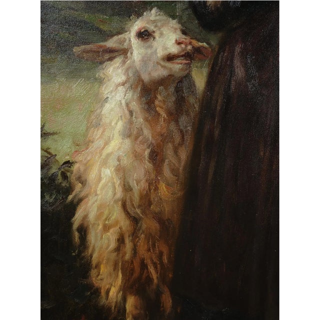 1980s Oil Painting After William Bouguereau "The Newborn Lamb" For Sale - Image 4 of 7
