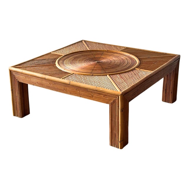 Sunburst Rattan Coffee Table, Attributed to Vivai Del Sud, Italy, 1970s For Sale