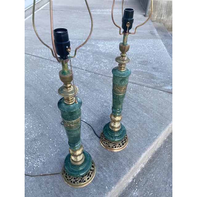 Japanese Bronze & Marble Column Table Lamps - a Pair For Sale - Image 9 of 13