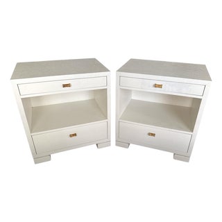 Pr Lacquered Grasscloth Nightstands W" Bamboo Pulls For Sale