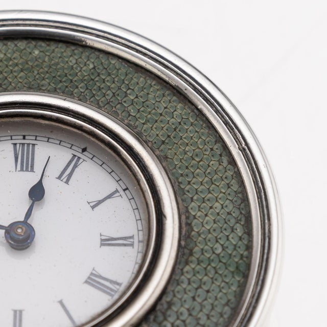 1910s Antique 20th Century Edwardian Silver & Shagreen Desk Clock, London, 1910 For Sale - Image 5 of 10