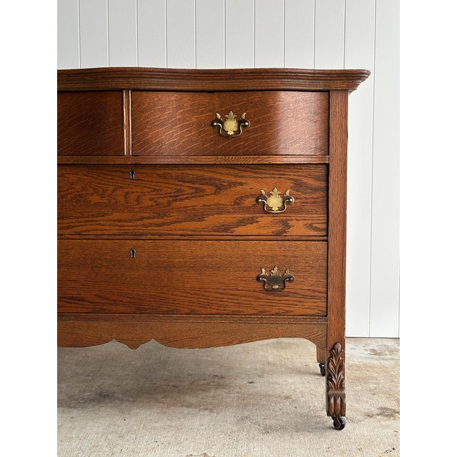 Traditional Antique Oak Serpentine Chest With Original Casters and Brass Hardware For Sale - Image 3 of 17