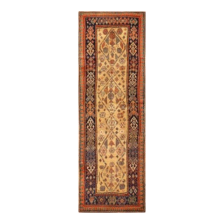 1890s Tan Camel Geometric Tribal Antique Caucasian Kazak Rug 3'7" X 9'9" Handknotted Wool Carpet For Sale