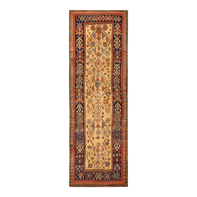 1890s Tan Camel Geometric Tribal Antique Caucasian Kazak Rug 3'7" X 9'9" Handknotted Wool Carpet For Sale