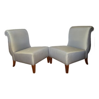 Pair of Barbara Barry for Baker Celadon Silk, Scroll Back Slipper Chairs For Sale