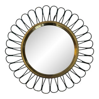Petite Scale Modernist French Round Brass Sunburst Loop Mirror, 1950s For Sale