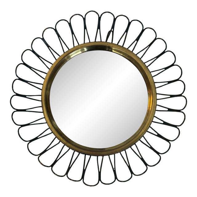 Petite Scale Modernist French Round Brass Sunburst Loop Mirror, 1950s For Sale