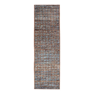 Keivan Woven Arts Modern Runner in Distressed Moroccan Squared Design With Blue For Sale