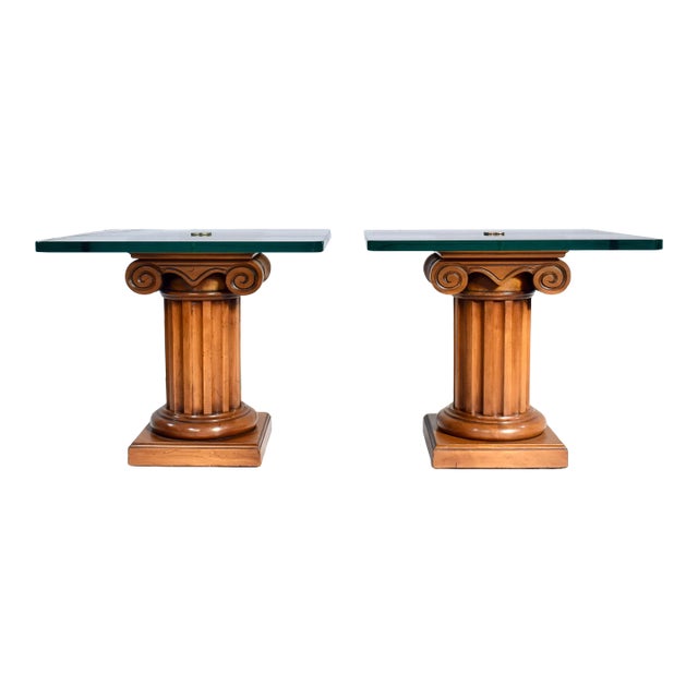 Neoclassical Pedestal Tables by John Stuart, Burl & Walnut, 1960s Pair For Sale