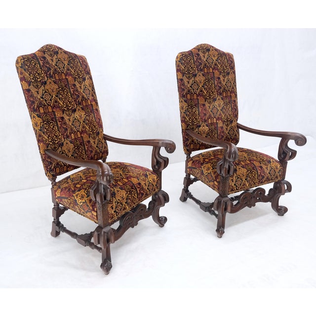 Pair Gothic Oversized Heavily Carved Walnut Arm Chairs Tall Back Thrones MINT! For Sale - Image 6 of 13