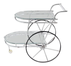 Mid-Century Modern Large Wheel Design Chrome and Glass Tea Bar Cart