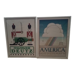 1930s Vintage David Lance Goines "America Hastings" and "Champagne Deutz" Signed and Framed Lithograph Posters - A Pair For Sale