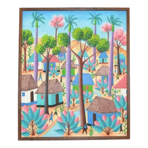 Charles Saül Framed Haitian Vintage Village Scene Acrylic on Canvas Painting