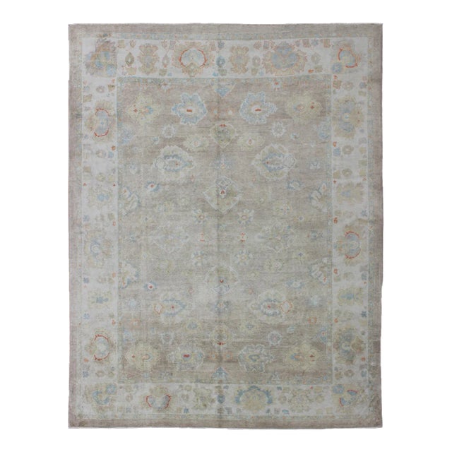 Large Turkish Oushak Rug With Neutral Color Palette and All-Over Flower Design by Keivan Woven Arts For Sale
