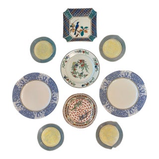 Sky Blue and Yellow Chinoiserie Wall Plate Curation-Set of 9 For Sale