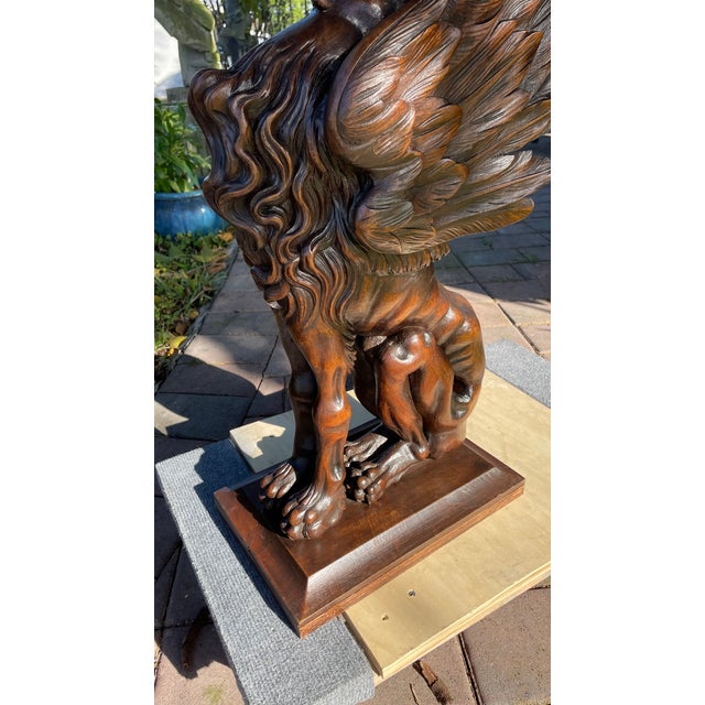 19th Century Rare Monumental Pair of Hand-Carved Griffin Pedestal Stands in Dark Wood For Sale - Image 12 of 12