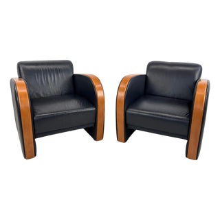 Art Deco Leather Lounge Chairs - A Pair For Sale