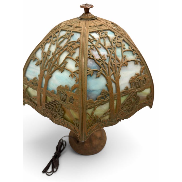 Early 20th Century Edward Miller & Co. Scenic Landscape Overlay Slag Glass Lamp For Sale - Image 4 of 10
