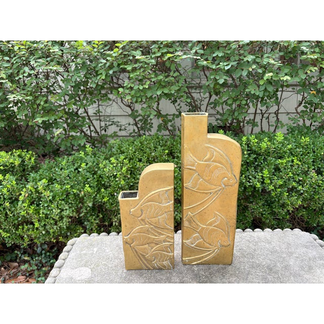 1980s Pair of Dolbi Cashier Brass Vases With Fish For Sale - Image 11 of 11