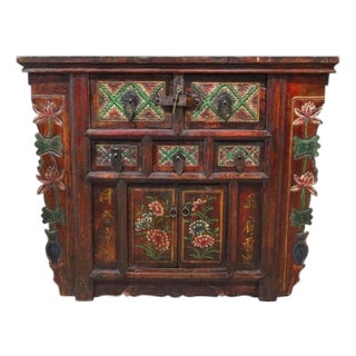 Antique Tibetan Floral Polychromed & Carved Rosewood Tea Cabinet C1890 For Sale