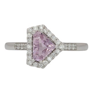 Pink Sapphire Ring With Earth Mined Diamonds Accents: Solid 14k Gold, Trillion, Size 6.75 For Sale