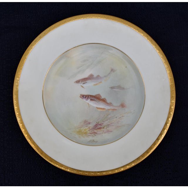 Minton Set of 4 Antique Minton for Tiffany Hand Painted Fish Cabinet Plates Gold Rim For Sale - Image 4 of 14