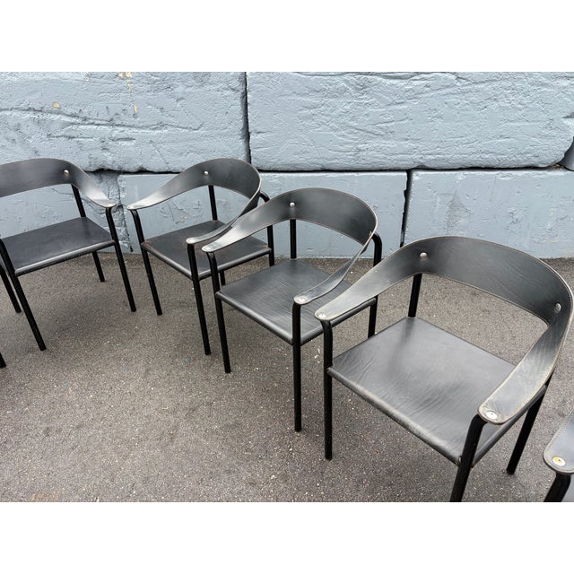 Set of Eight Attributed Artelano Black Leather Arm Chairs, Italy 1980s For Sale - Image 17 of 18