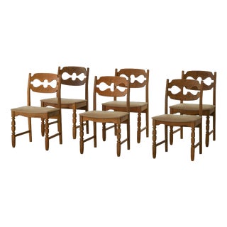Vintage Razorblade Dining Chairs in Oak and Hessian by Henning Kjærnulf, 1960s, Set of 6 For Sale