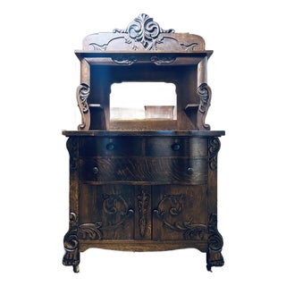 Antique Victorian Carved Tiger Oak Wood Buffet With Mirror For Sale
